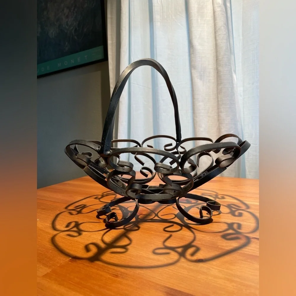 Vtg Black Wrought Iron Metal Scroll Fruit Bowl Magazine Rack Handled Black